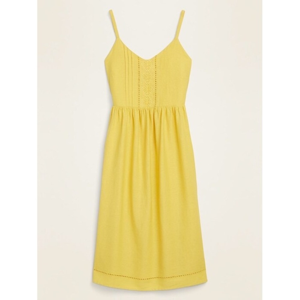 Old Navy Yellow Linen Blend Pintuck Eyelet Midi Sun Dress Adjustable Straps Boho